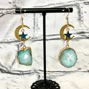 Blue Crescent Moon and Star Druzy Geode Hanging Earrings